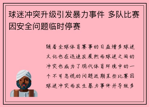 球迷冲突升级引发暴力事件 多队比赛因安全问题临时停赛