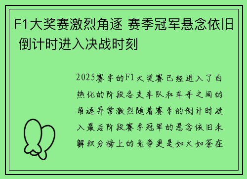F1大奖赛激烈角逐 赛季冠军悬念依旧 倒计时进入决战时刻